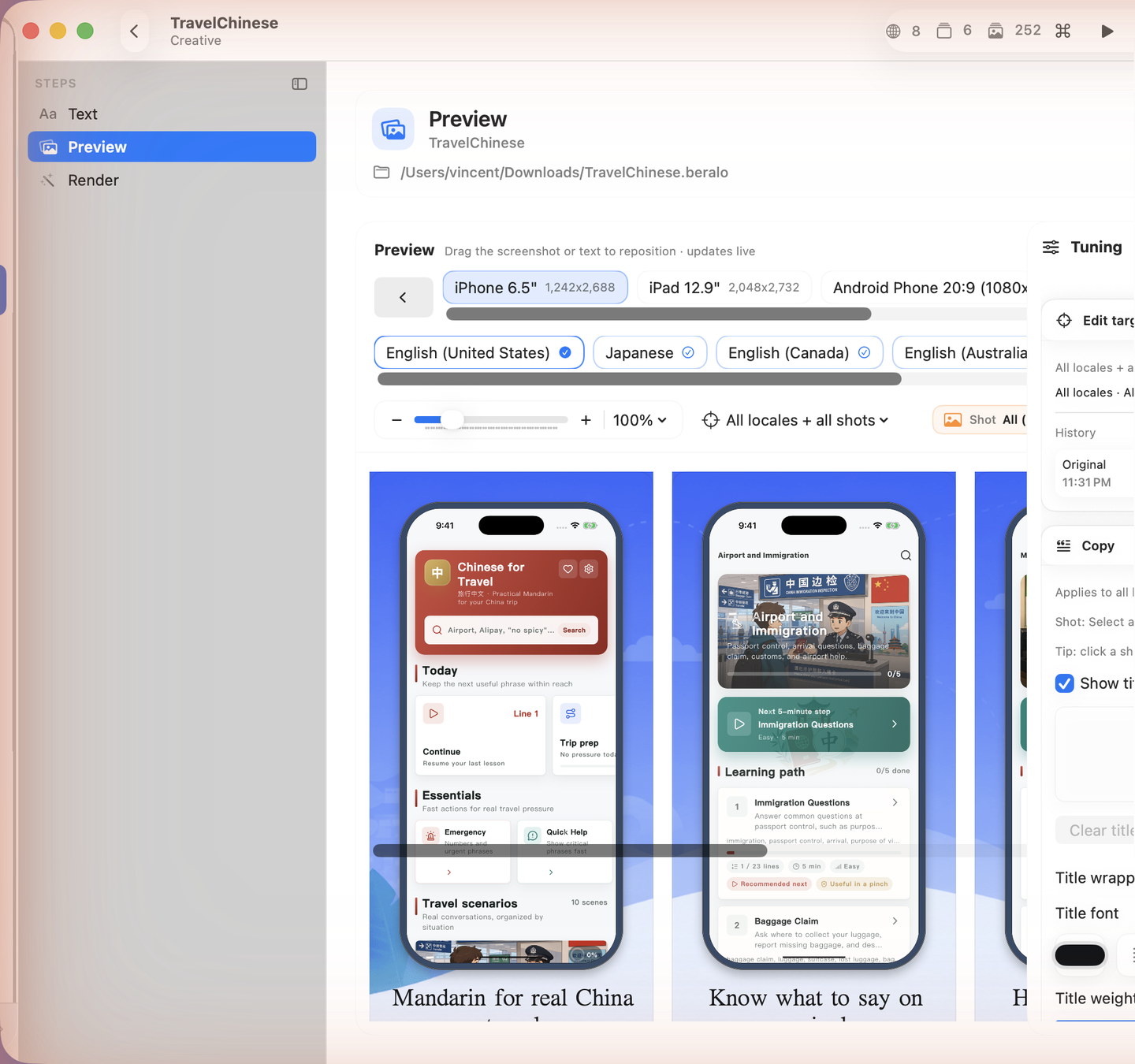 Beralo Studio Creative workspace with localized screenshot previews and typography tuning controls