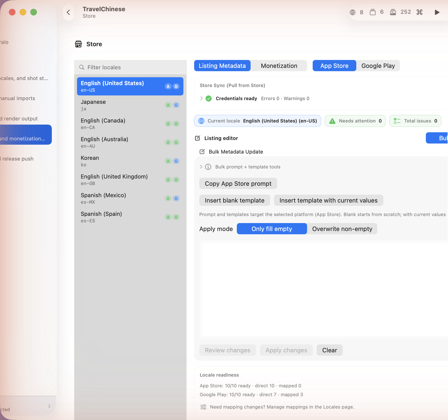 Beralo Studio Store workspace editing localized App Store metadata with field limits
