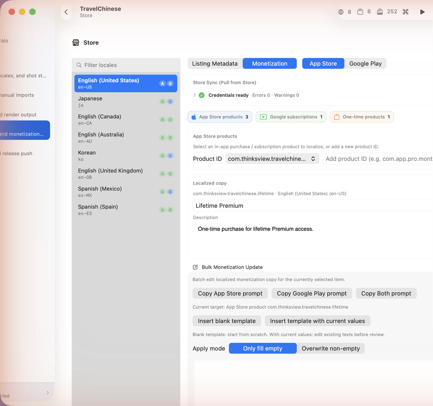 Beralo Studio monetization editor for localized subscriptions and in-app products