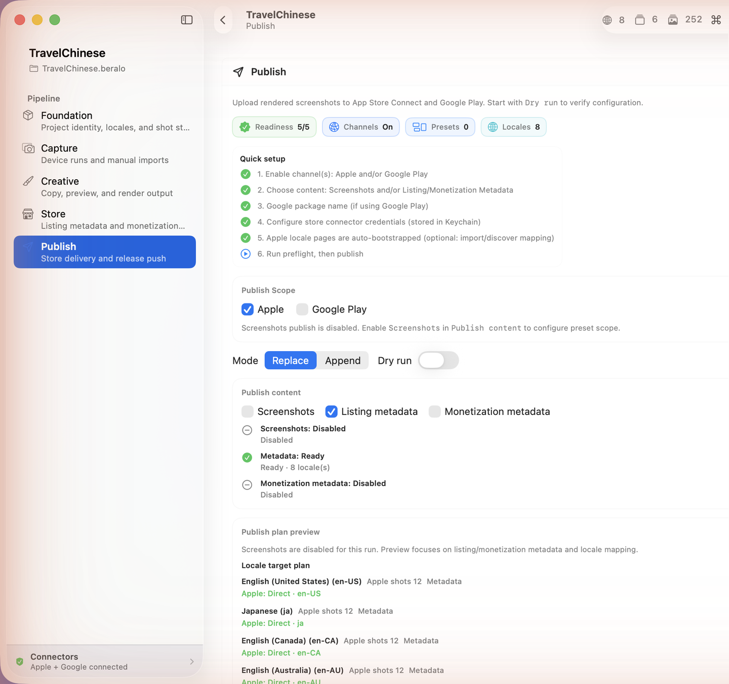 Beralo Studio Publish workspace showing a five-stage pipeline, readiness checks, publishing scope, and locale plan
