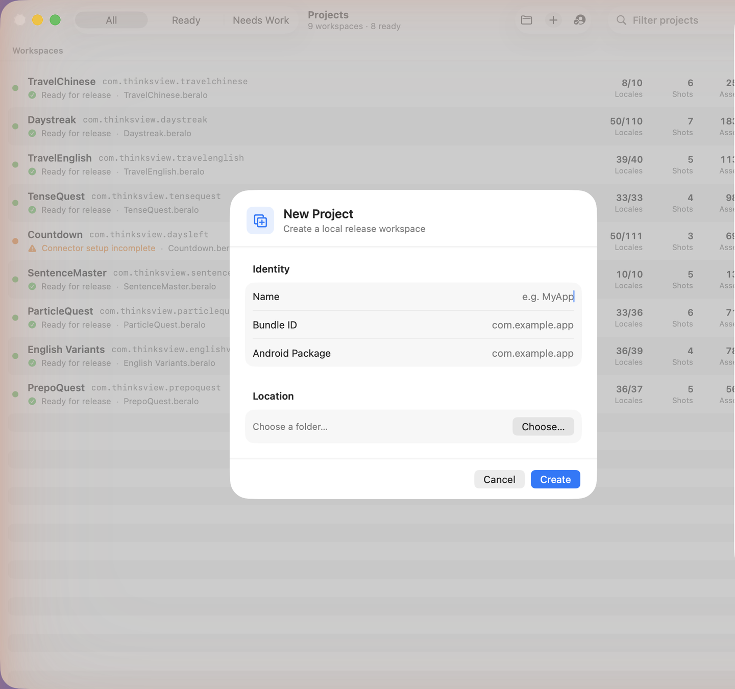 Beralo Studio new project screen with app identity and local folder fields